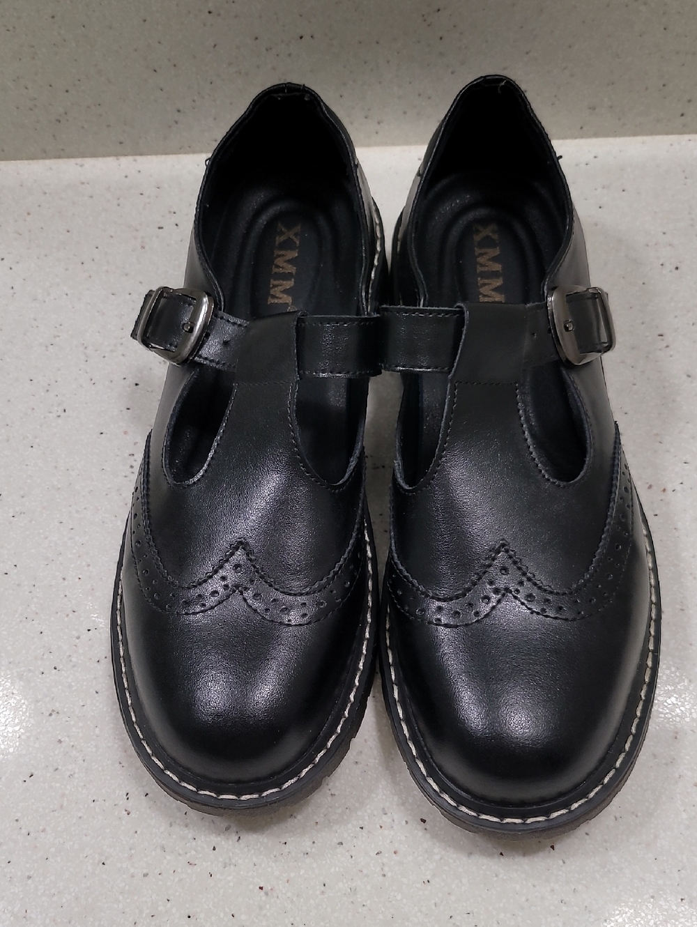 Women's Black Mary Jane Brogue Flats with Buckle Strap